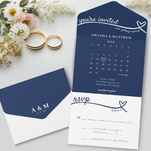 Invitación Todo En Uno Boda del calendario del monograma del corazón azul