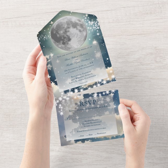Invitación Todo En Uno Boda del cielo nocturno lunar (desgarro)