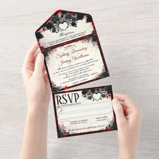 Invitación Todo En Uno Boda del corazón gótico oscuro de Halloween