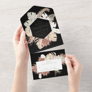 Invitación Todo En Uno Boda del Desierto Floral Boho de Pampas Negras Pre