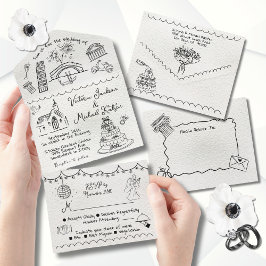 Invitación Todo En Uno Boda del doodle de Hand Drawn
