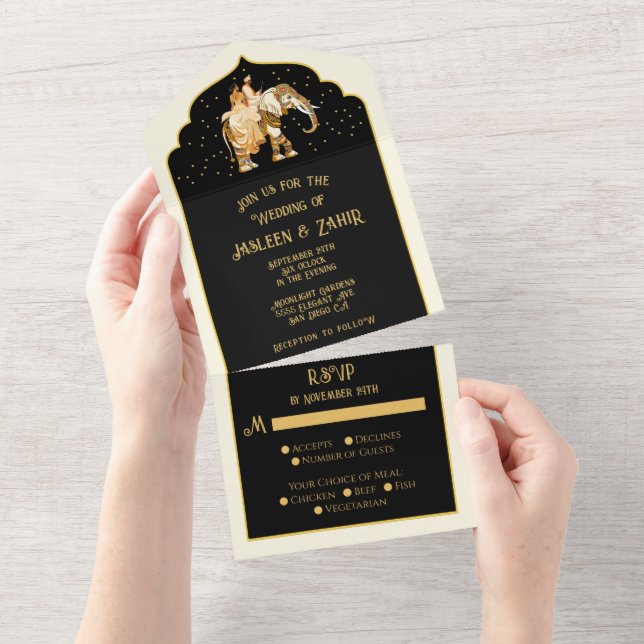 Invitación Todo En Uno Boda del Elefante de Groom Bride la India (desgarro)