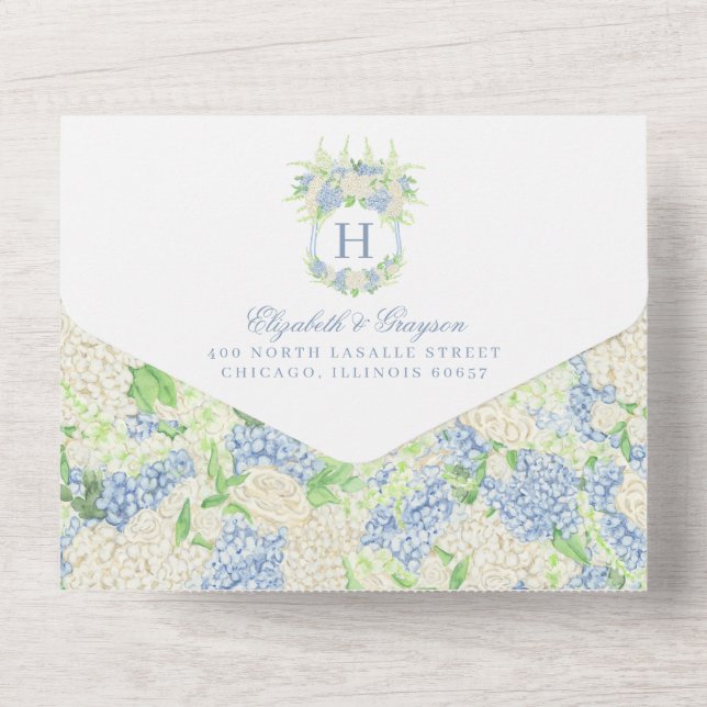 Invitación Todo En Uno Boda del Escudo de hidrangea azul y blanca (Reverso )