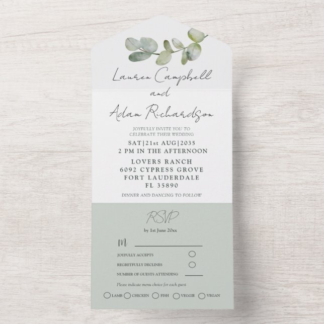 Invitación Todo En Uno Boda del Eucalipto Verde Rustico Sage (Interior)