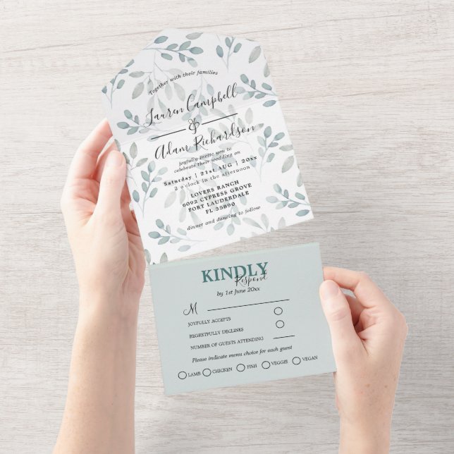 Invitación Todo En Uno Boda del eucalipto verde verde sage (desgarro)