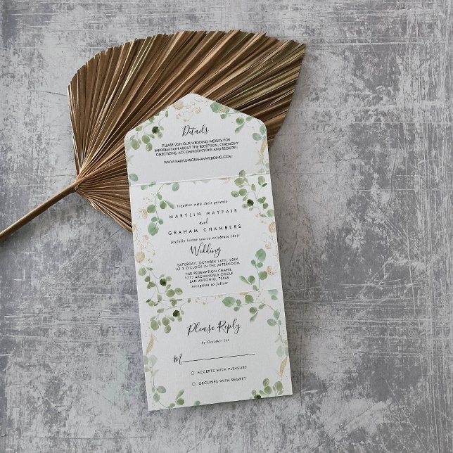 Invitación Todo En Uno Boda del follaje de oro de confetti eucalyptus (Subido por el creador)