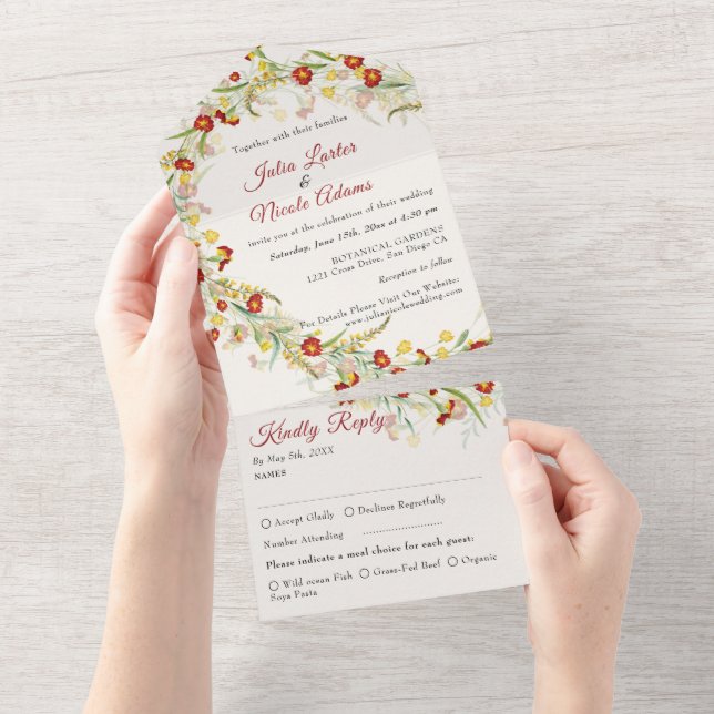 Invitación Todo En Uno Boda del follaje marino amarillo anaranjado (desgarro)