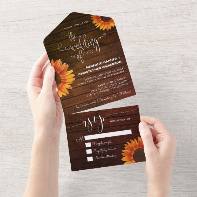 Invitación Todo En Uno Boda del girasol de la madera de Rustic (desgarro)