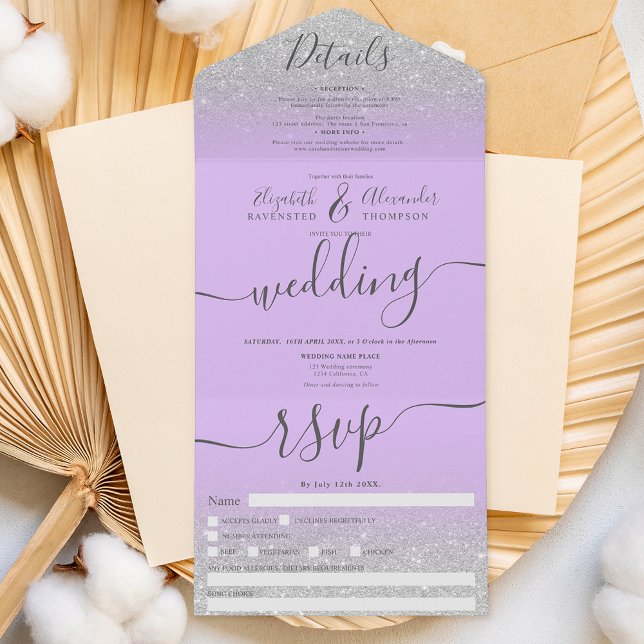 Invitación Todo En Uno Boda del guión de lavanda oscura purpurina platead (Subido por el creador)