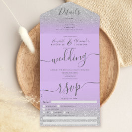 Invitación Todo En Uno Boda del guión de lavanda oscura purpurina platead