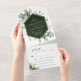 Invitación Todo En Uno Boda del hexágono de oro de color de agua verde