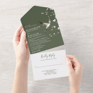 Invitación Todo En Uno Boda del Jardín Floral de la Chinoiserie verde oli