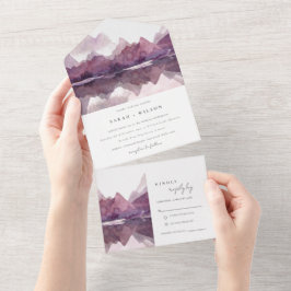 Invitación Todo En Uno Boda del lago Purple Lilac Watercolor Mountain
