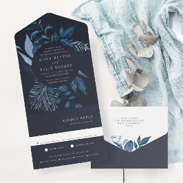Invitación Todo En Uno Boda del marco botánico azul de Azure para inviern