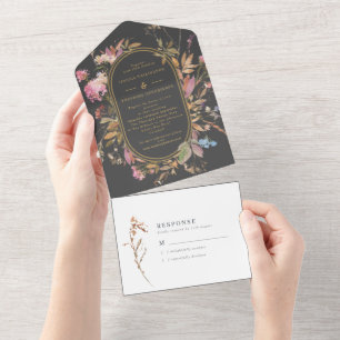 Invitación Todo En Uno Boda del marco de flores silvestres de oro y gris 