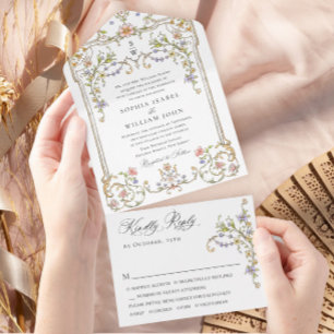 Invitación Todo En Uno Boda del marco floral de la Gracia Ornate Victoria