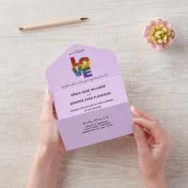 Invitación Todo En Uno Boda del mismo sexo con temática púrpura de amor