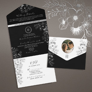 Invitación Todo En Uno Boda del Monograma Blanco y Negro Boho