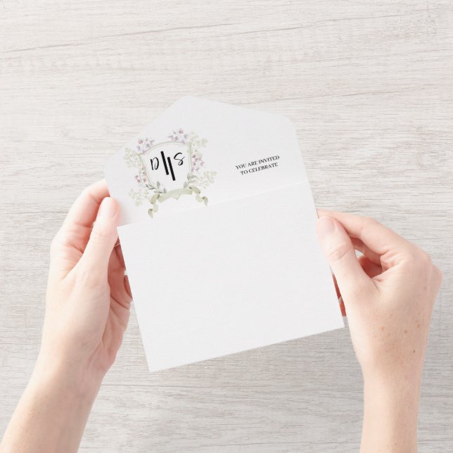 Invitación Todo En Uno Boda del Monograma Dusky Wildflower (Apertura)