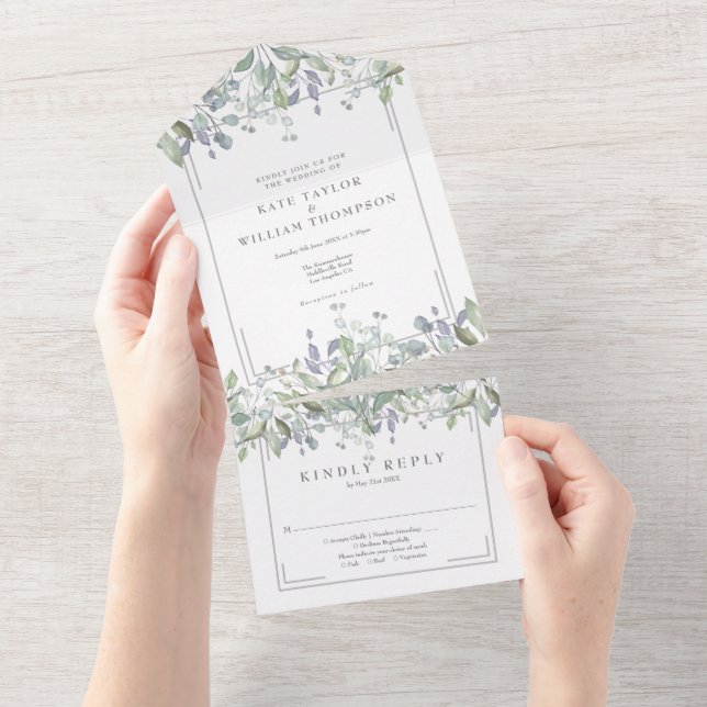 Invitación Todo En Uno Boda Del Monograma Floral De Sage Y Lilac (desgarro)