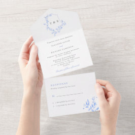 Invitación Todo En Uno Boda del Monograma Regency Blue Leafy Escudo