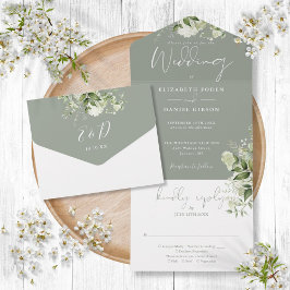 Invitación Todo En Uno Boda del Monograma Verde Sage