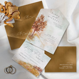 Invitación Todo En Uno Boda del paisaje acuático All Otoño Gold ID786