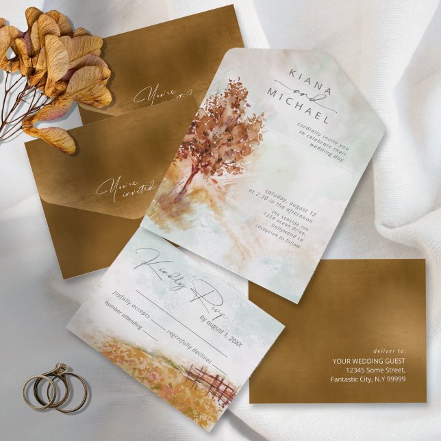Invitación Todo En Uno Boda del paisaje acuático All Otoño Gold ID786 (Subido por el creador)