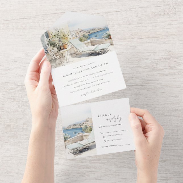Invitación Todo En Uno Boda del paisaje acuático de Curfu Grecia (desgarro)