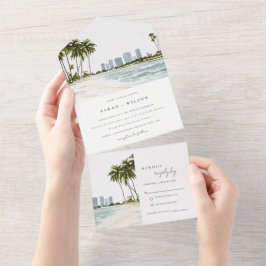 Invitación Todo En Uno Boda del paisaje de la palma acuarela de Miami Flo