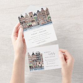 Invitación Todo En Uno Boda del paisaje del canal holandés de Ámsterdam