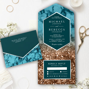 Invitación Todo En Uno Boda del Purpurina de Mármol Turquesa Moderno de B