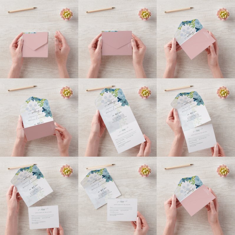 Invitación Todo En Uno Boda del sabio de las flores azules del polvo del 