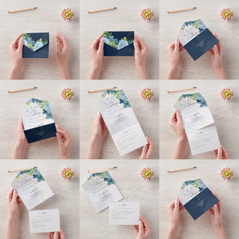 Invitación Todo En Uno Boda del sabio de las flores azules del polvo del 