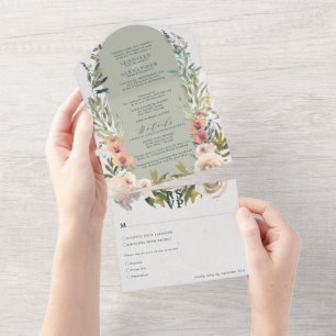 Invitación Todo En Uno Boda del sabio verde floral y rústico