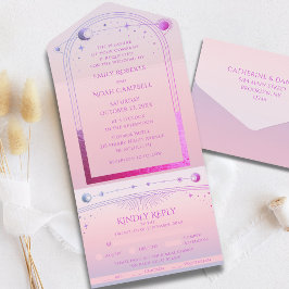Invitación Todo En Uno Boda del sol de la puesta del cielo rosa luna estr