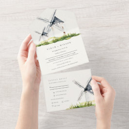 Invitación Todo En Uno Boda del tema del molino de viento de color de agu