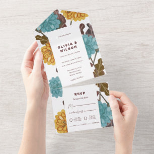 Invitación Todo En Uno Boda del tono de joyas florales de mostaza todo en
