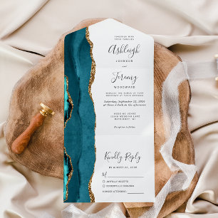 Invitación Todo En Uno Boda destellante de oro ágata verde teal