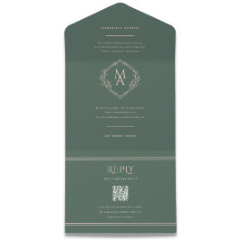 Invitación Todo En Uno Boda Diamond Monogram Floral Evergreen