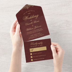 Invitación Todo En Uno Boda dorada Borgoña Caligrafía elegante Vintage
