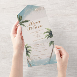 Invitación Todo En Uno Boda dorado de la playa tropical de color azul