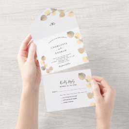 Invitación Todo En Uno Boda dorado eucalipto verde