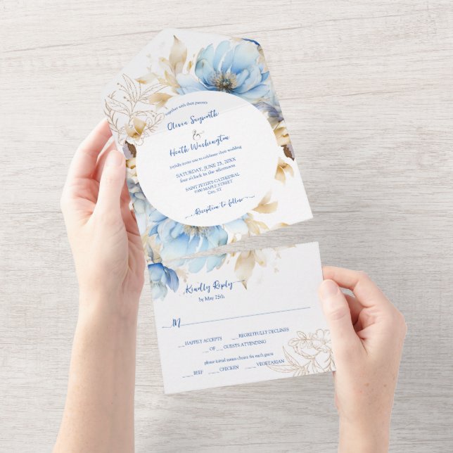 Invitación Todo En Uno Boda Dusty Blue Floral Gold (desgarro)