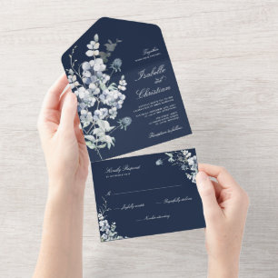 Invitación Todo En Uno Boda Dusty Blue Flores Silvestres Verdor Todo en U