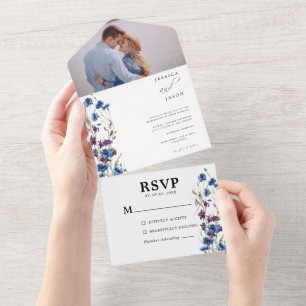 Invitación Todo En Uno Boda Dusty Royal Blue Purple Bllom