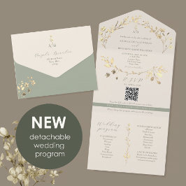 Invitación Todo En Uno Boda Ecológica Verde Salvia y Dorado