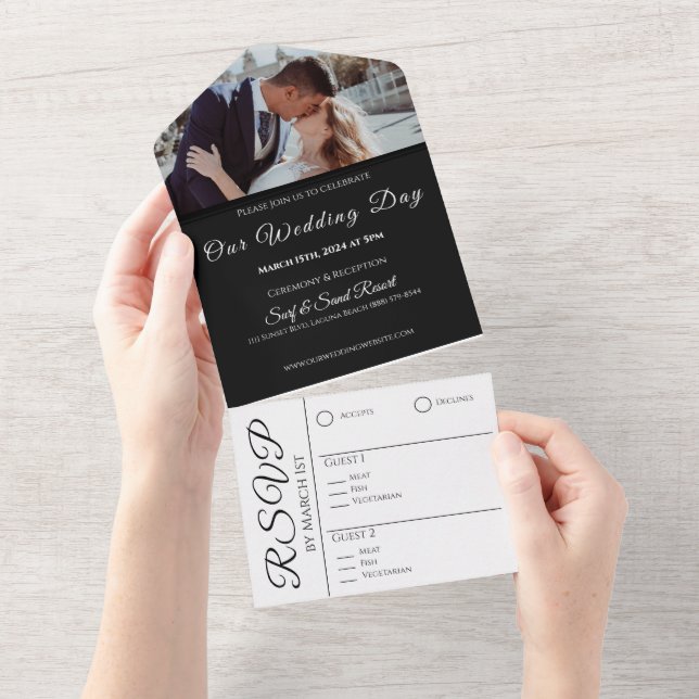 Invitación Todo En Uno Boda Elegante Abrazo-Orquídeas Blancas-Foto (desgarro)