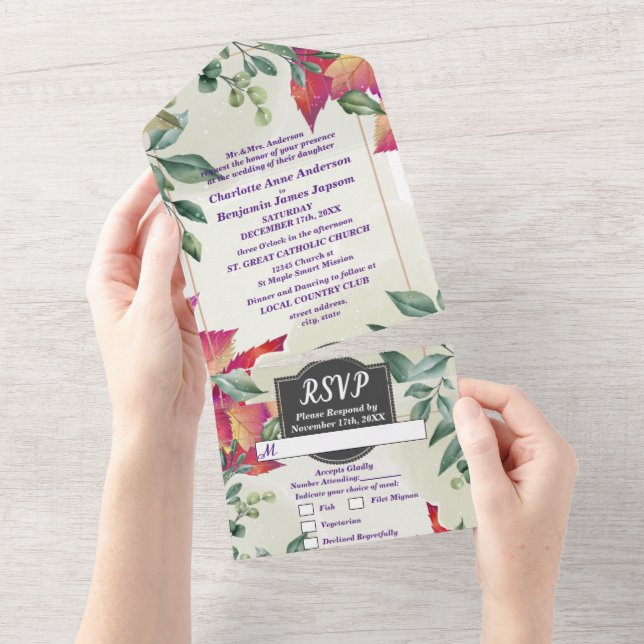 Invitación Todo En Uno Boda Elegante Botánico Hojas de Otoño (desgarro)
