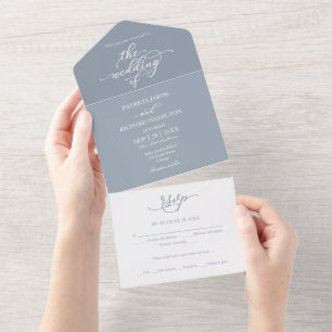 Invitación Todo En Uno Boda Elegante Caligrafía Azul Polvoriento